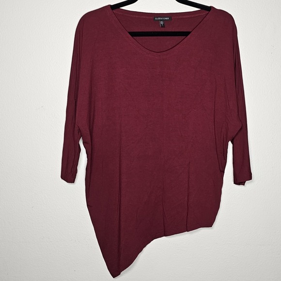 Eileen Fisher Tops - Eileen Fisher Women Small Red Burgundy Top‎ V-Neck 3/4 Sleeve Asymmetric Hem